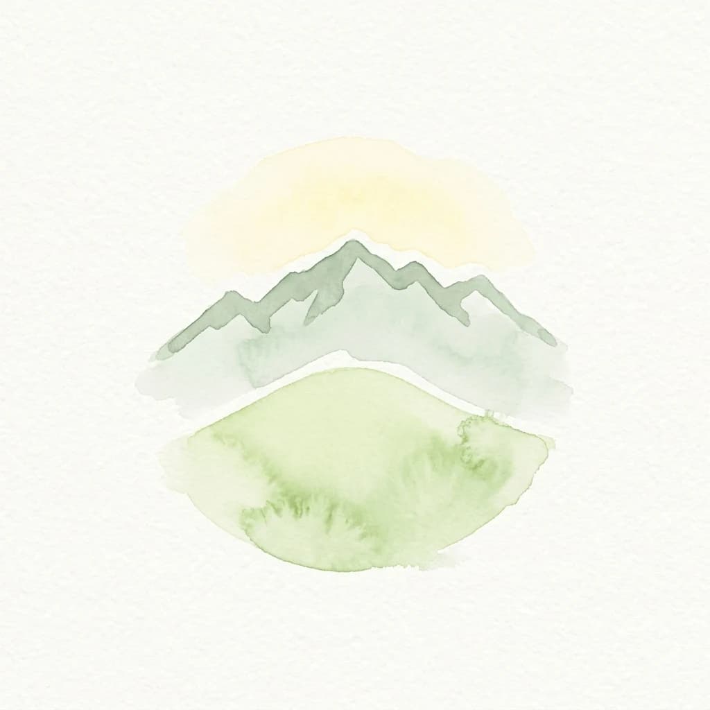 Watercolor illustration of a mountain range with a sun and green landscape