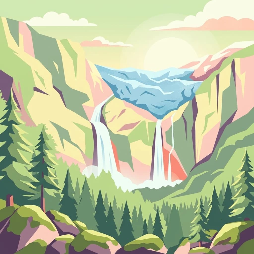 Ilustración de un glaciar colgante con dos cascadas rodeado de montañas y bosque de coníferas
