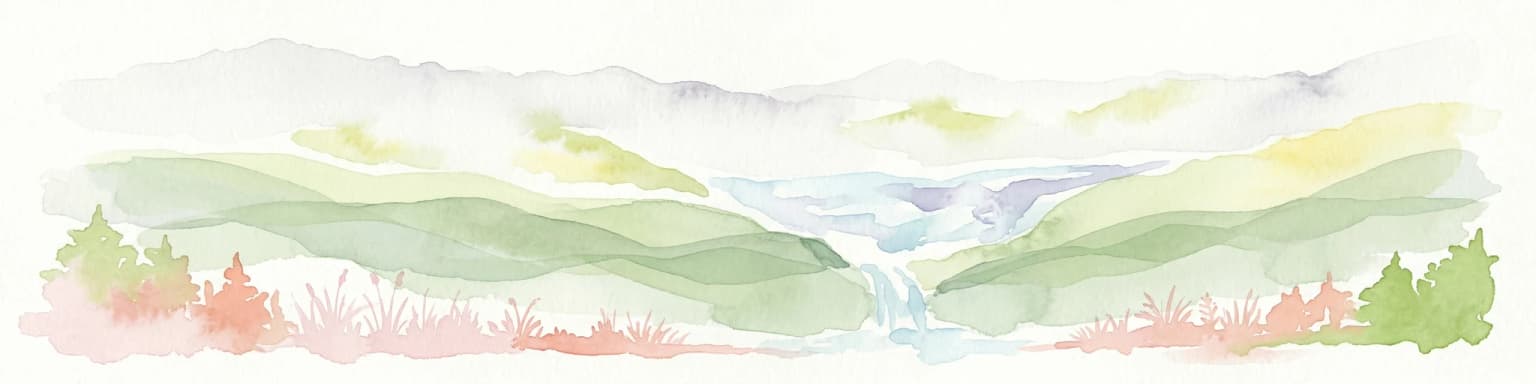 Ilustración en acuarela de colinas onduladas, un río que fluye por un valle y zonas boscosas