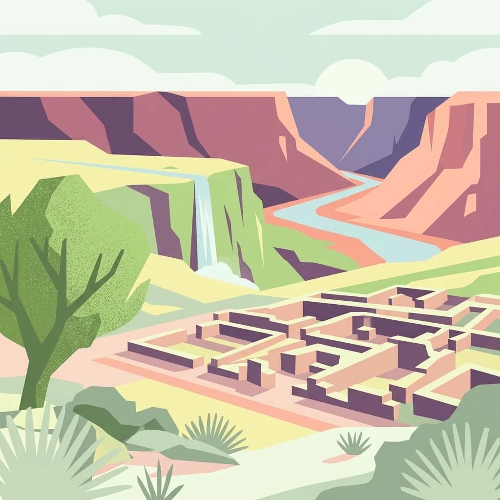 Ilustración estilizada de antiguas ruinas de piedra rodeadas por un cañón, un río y una cascada