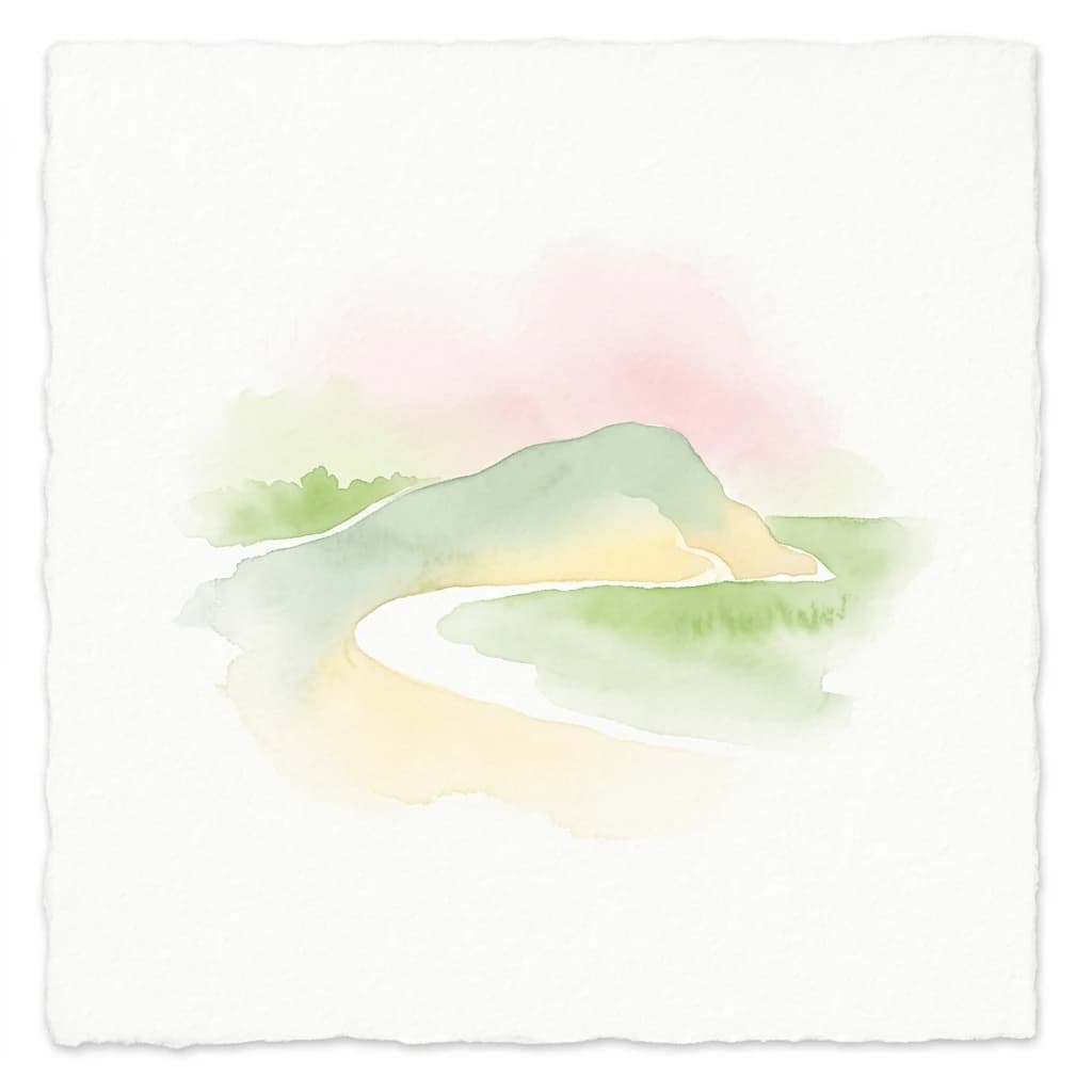 Watercolor painting showing a curved path through a landscape with green hills and pinkish sky background