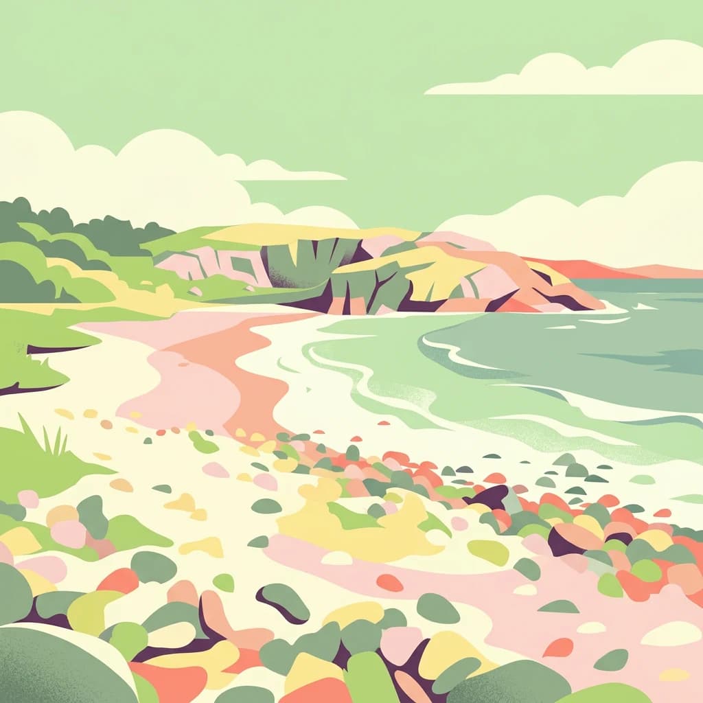 Stylized illustration of a coastal beach with colorful rocks, cliffs, and calm sea under a light green sky with clouds