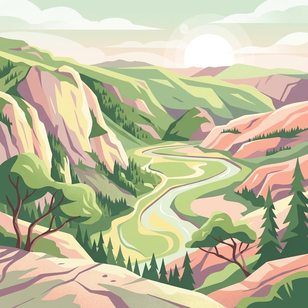 Digital illustration of a winding river through a mountainous valley with green forests and rocky cliffs