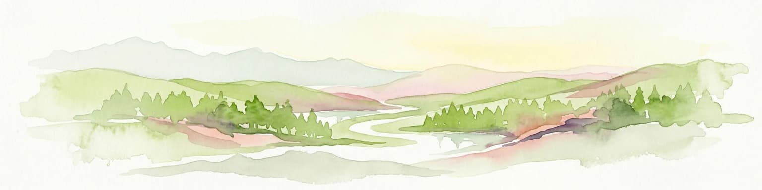 Watercolor illustration showing mountains, a river, and forests in a landscape