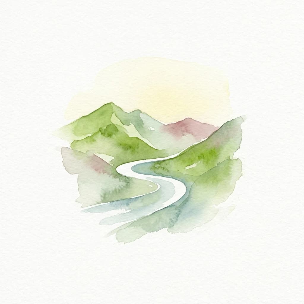 Ilustración en acuarela que muestra cordilleras verdes y rosas con un río serpenteante bajo un cielo amarillo pálido.