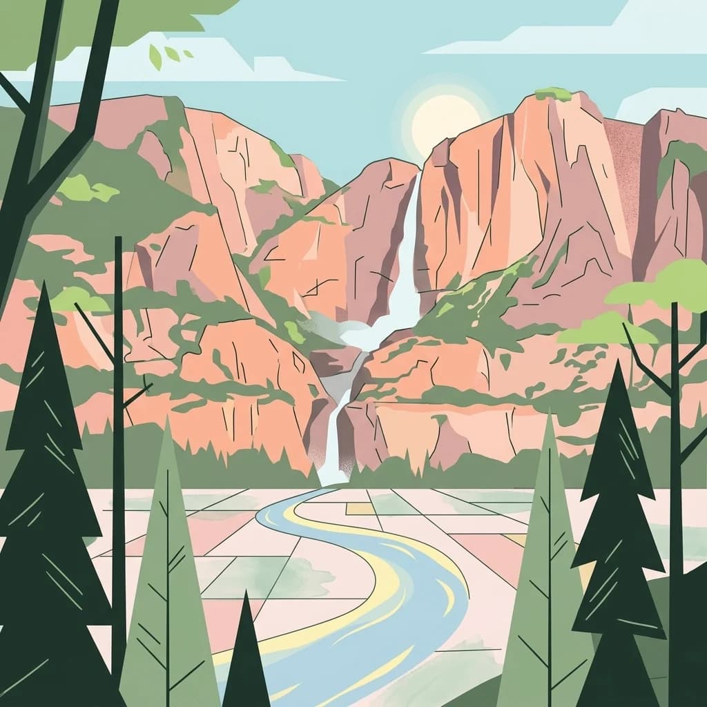 Ilustración de montañas con cascada, río o carretera y árboles