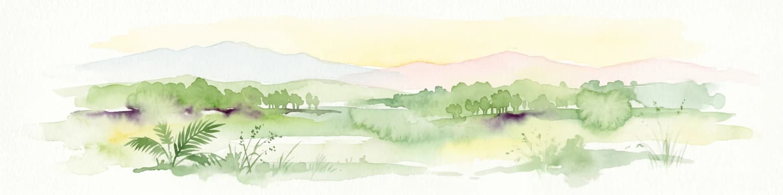 Ilustración acuarela que muestra un paisaje con montañas, campos verdes y una masa de agua
