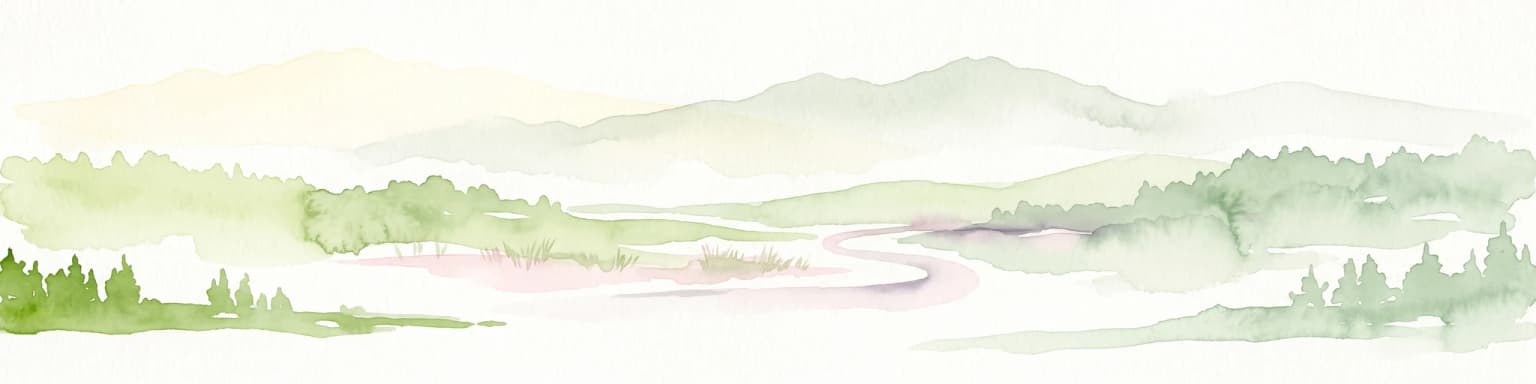 A pale, minimalist watercolor painting showing layers of soft green hills and a gentle stream against a white background.