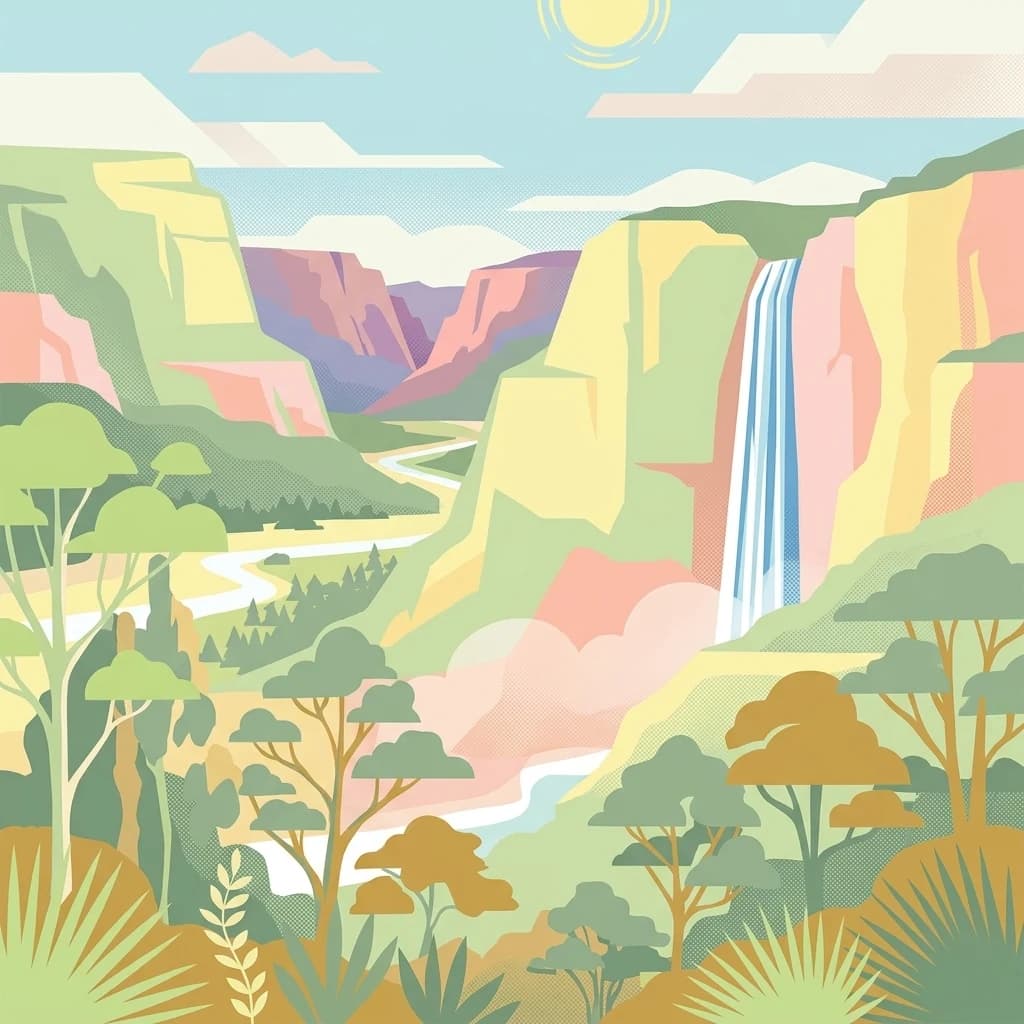Stylized illustration showing a waterfall cascading into a canyon with trees, a river, and colorful rock formations under a sunny sky