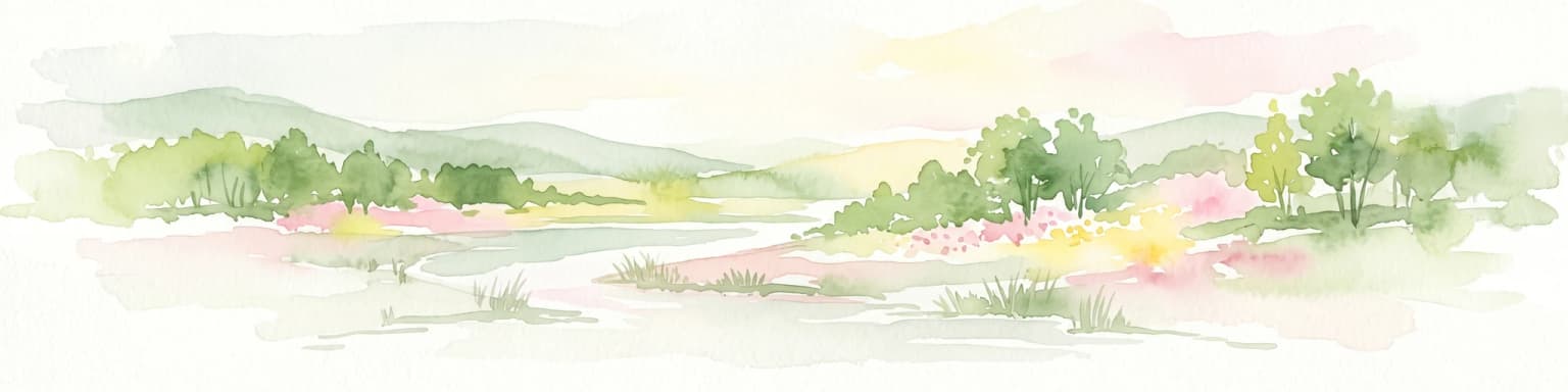 Watercolor illustration of a river flowing through a valley with trees and hills under a light sky