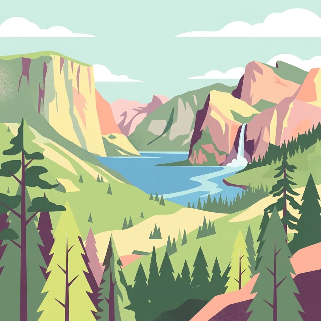 Stylized illustration of a mountainous landscape with a lake, waterfall, and coniferous forest under a partly cloudy sky