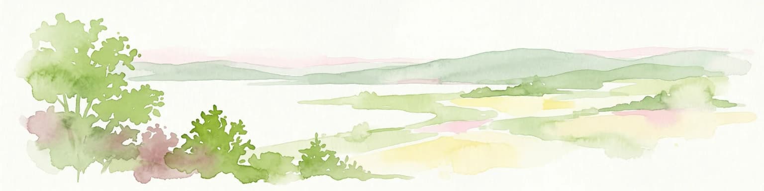 Watercolor illustration showing a lake, trees, and distant hills