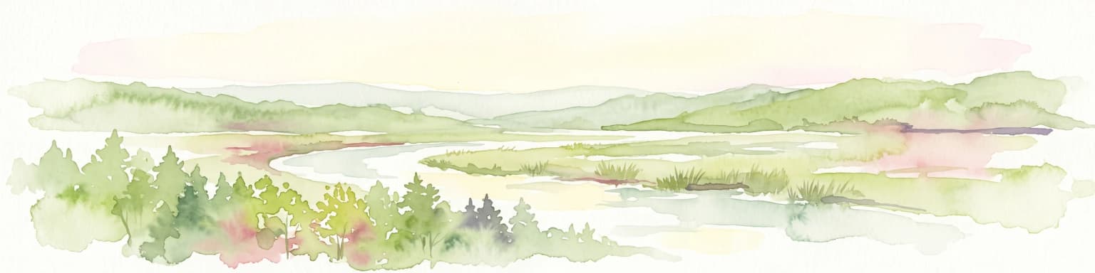 Una pintura a la acuarela que muestra un río serpenteante que fluye a través de un valle boscoso con colinas suaves al fondo.