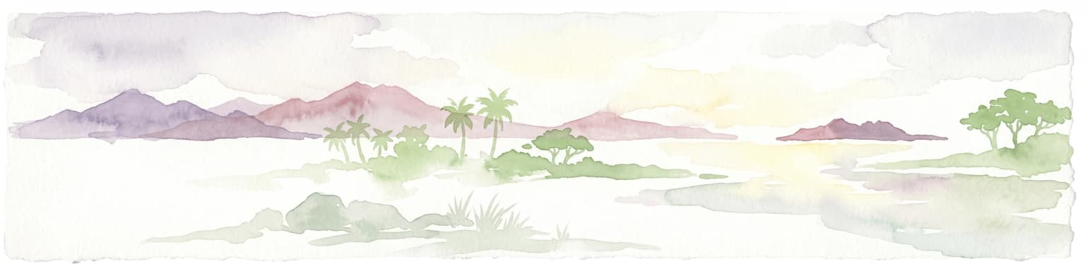 Una acuarela de la costa de una isla tropical con palmeras, vegetación verde, rocas en primer plano y montañas púrpuras a lo lejos bajo una luz suave.