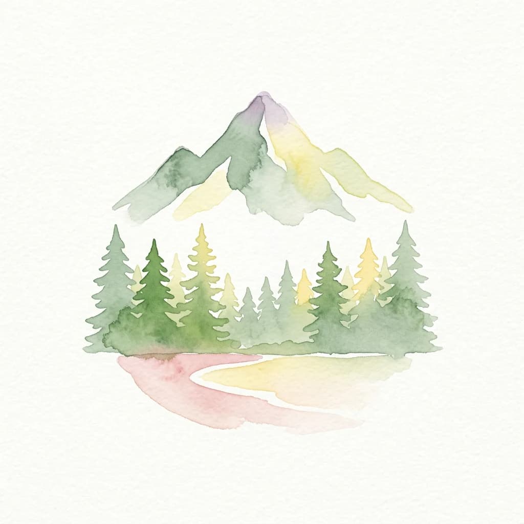 Watercolor painting showing a mountain peak with green trees and a winding path reflected in water