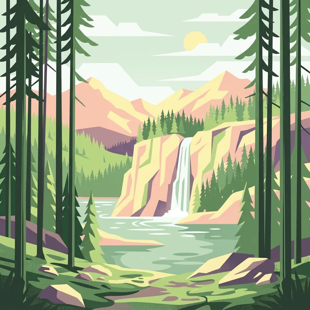 Stylized illustration of a waterfall surrounded by pine trees and mountains with a lake in the foreground