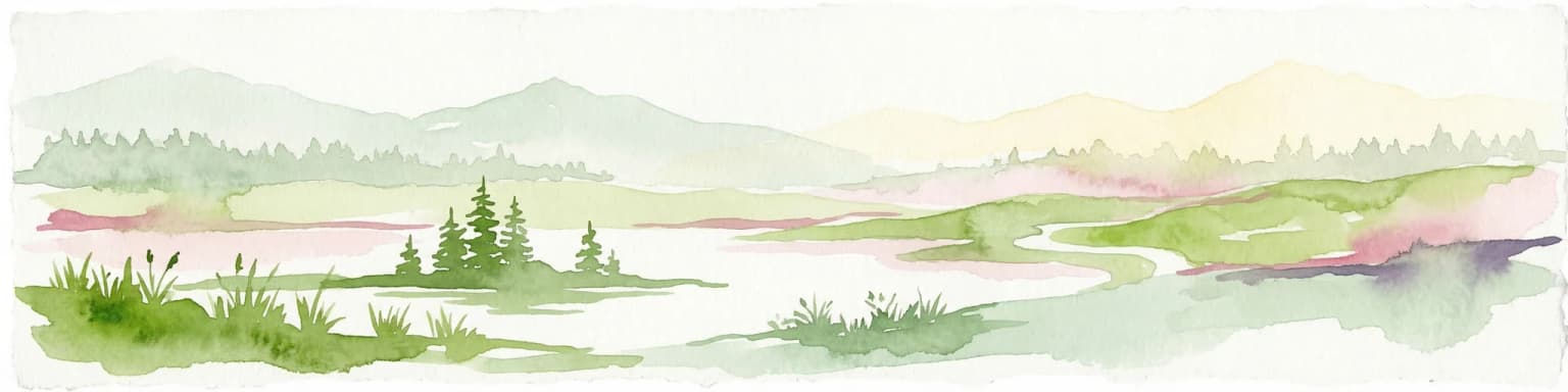 Watercolor illustration showing a landscape with mountains, a winding river, and patches of green vegetation and trees