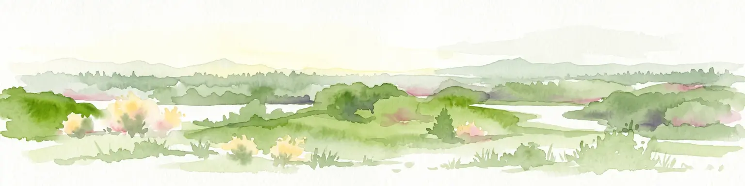 Ilustración en acuarela de un río serpenteante que atraviesa colinas verdes y bosques, con siluetas de montañas suaves y brumosas al fondo.