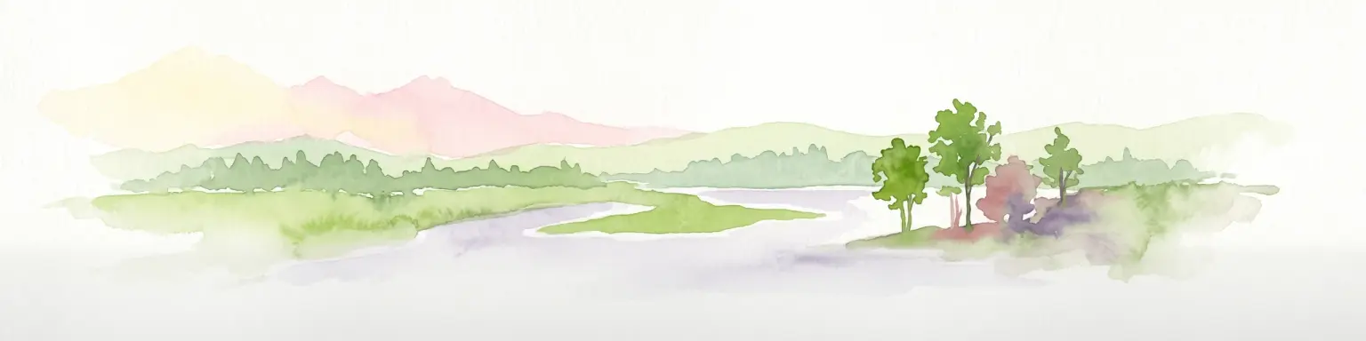 A soft, watercolor painting of a calm river winding through a green landscape with trees and rolling hills in the background.