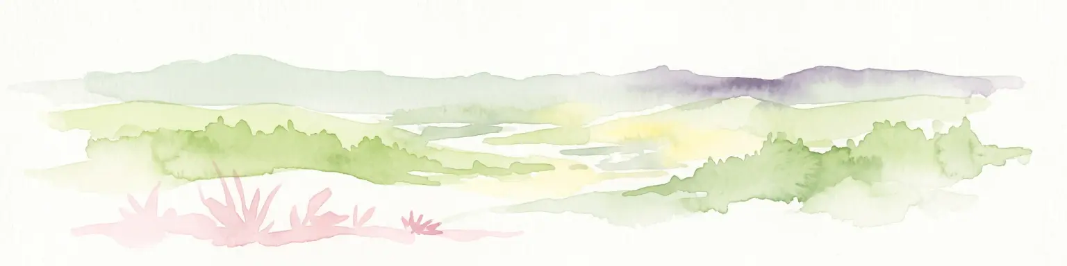 A soft watercolor painting of a rolling hilly landscape with muted greens, yellows, and purples on a white background.