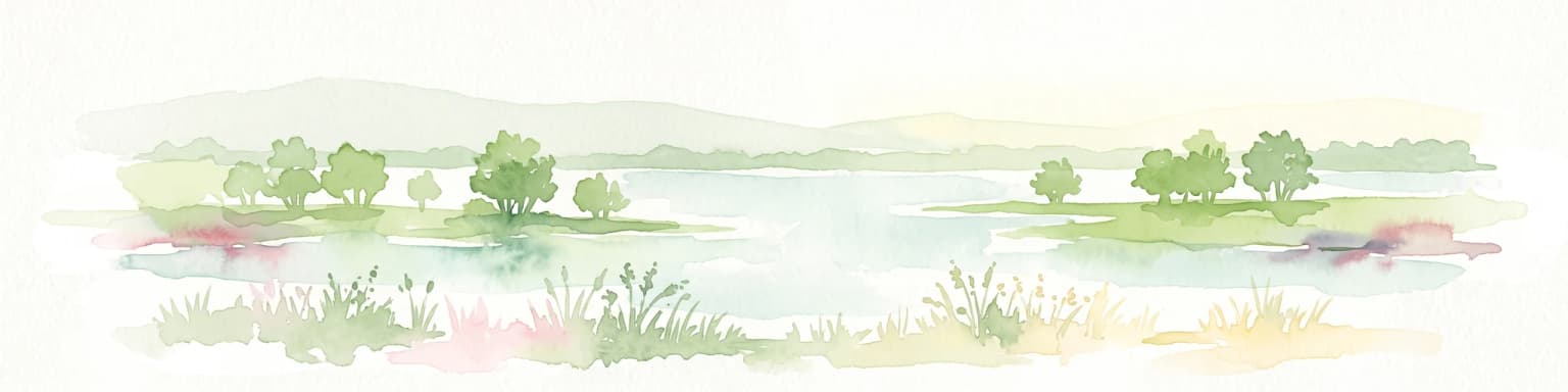 A soft watercolor painting of a calm lake scene featuring small grassy islands with trees, surrounded by marshy vegetation under a light, hazy sky.