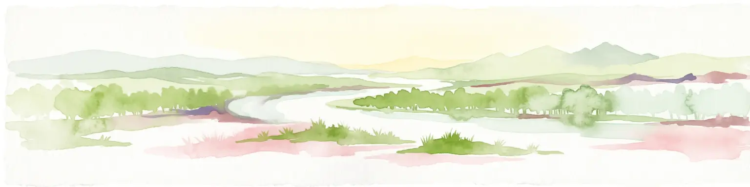 A wide, soft-focus watercolor painting showing a winding river through a lush green valley with rolling hills in the background.