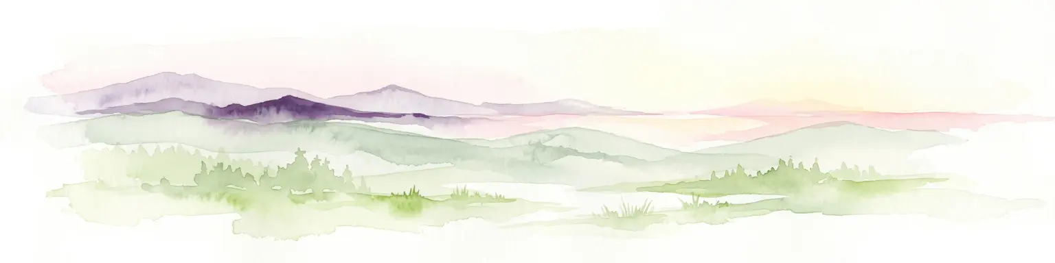 A soft, watercolor painting depicting distant purple-hued mountain ranges fading into a pale, warm-toned sky, with light green hills and hints of pine forests in the foreground.