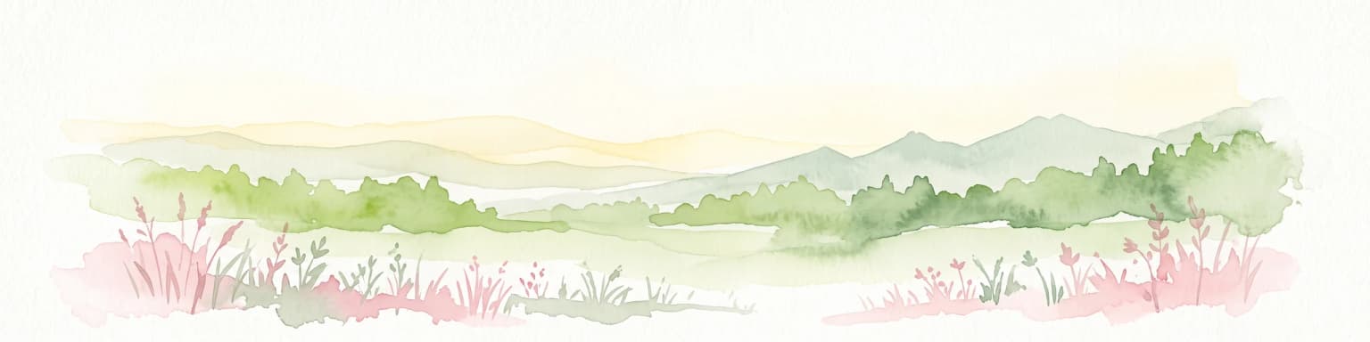A watercolor painting of a soft, rolling landscape with green hills, light forest cover, and wild grasses in the foreground, rendered in a light, atmospheric style.