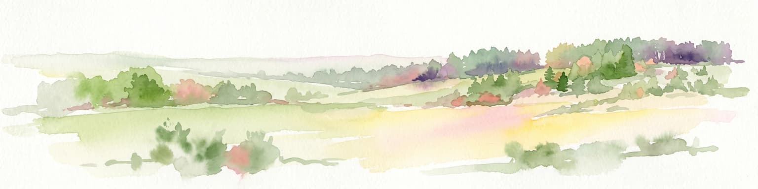 Watercolor painting of an open, undulating rural landscape with patches of green vegetation, trees, and golden fields under a soft white sky.