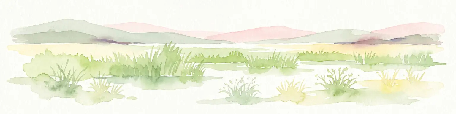 Una pintura horizontal en acuarela que representa un paisaje de enfoque suave con humedales cubiertos de hierba en primer plano y colinas suaves y onduladas al fondo.