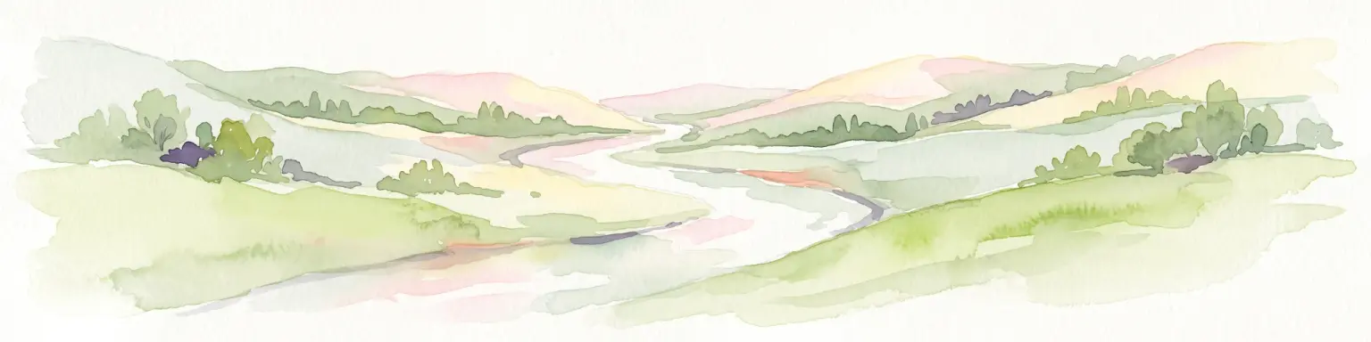 A soft watercolor painting of a winding river flowing through a gentle, rolling green valley with hills in the background.
