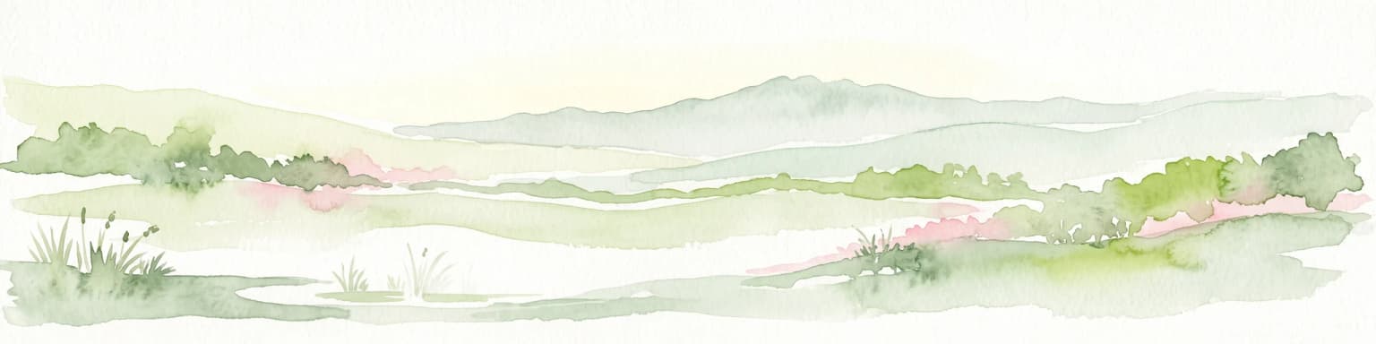 A soft watercolor painting showing a wide, panoramic view of rolling green hills, distant ridges, and gentle scrub vegetation against a white background.