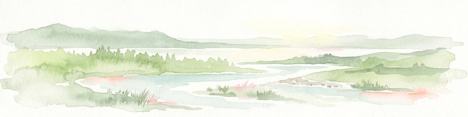 A soft watercolor painting depicting a winding river through a lush green valley with distant hills in the background.