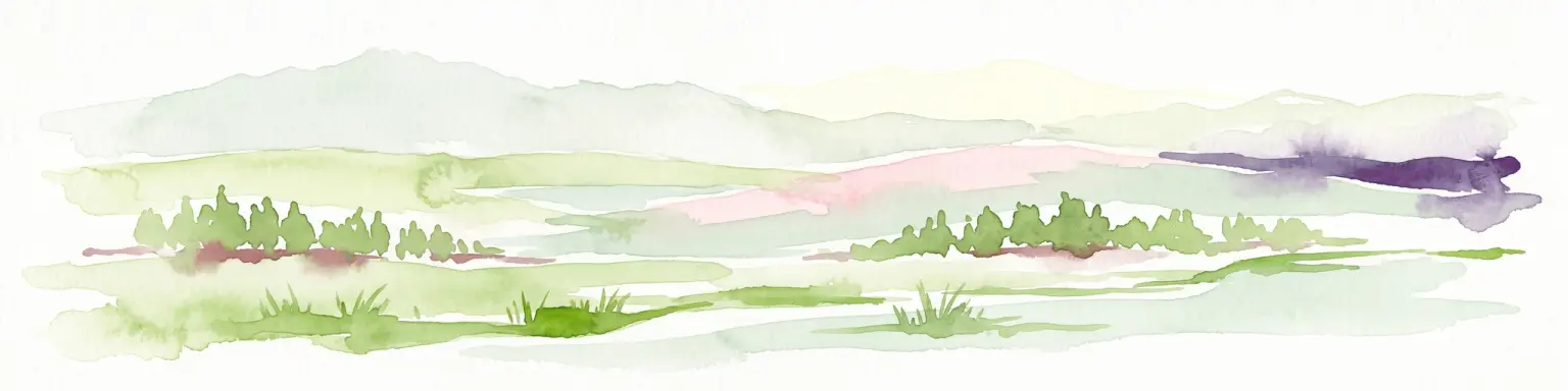 A watercolor painting of a serene mountain landscape featuring gentle rolling hills, small clusters of trees, and soft, muted tones of green, pink, and purple, set against a light background.