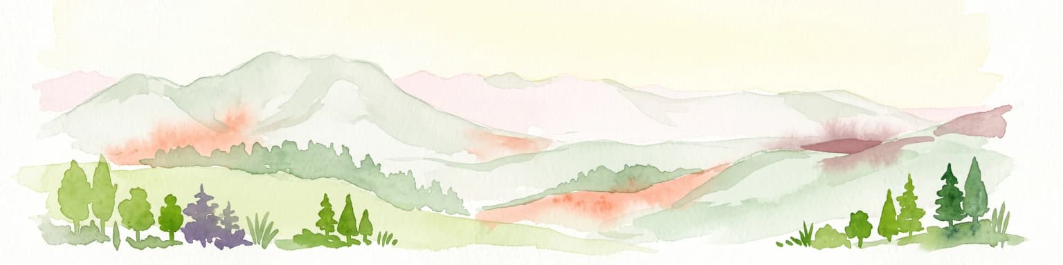 A watercolor illustration of rolling mountain ranges and stylized forest patches in soft green and earth tones against a pale background.