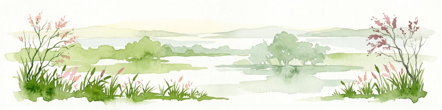 Watercolor painting of a marshy wetland scene with grassy foreground, scattered trees, and distant hills.
