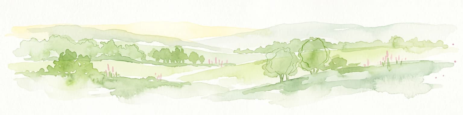 A soft watercolor illustration showing rolling green hills, patches of trees, and a distant horizon in shades of light green and pale yellow.