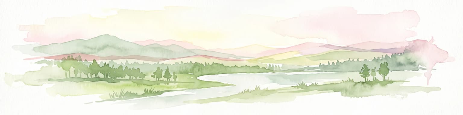 A watercolor painting of a pastoral landscape featuring a calm river winding through green fields and forests with rolling mountains in the background, set against a soft sunset sky.