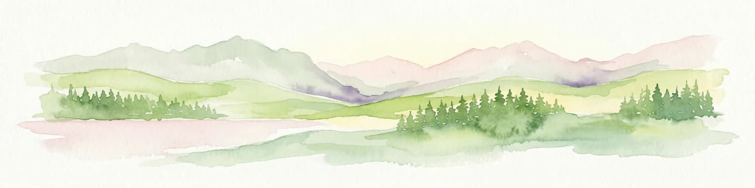 Watercolor illustration of a mountain range with forests, a lake, and distant hills under a light sky