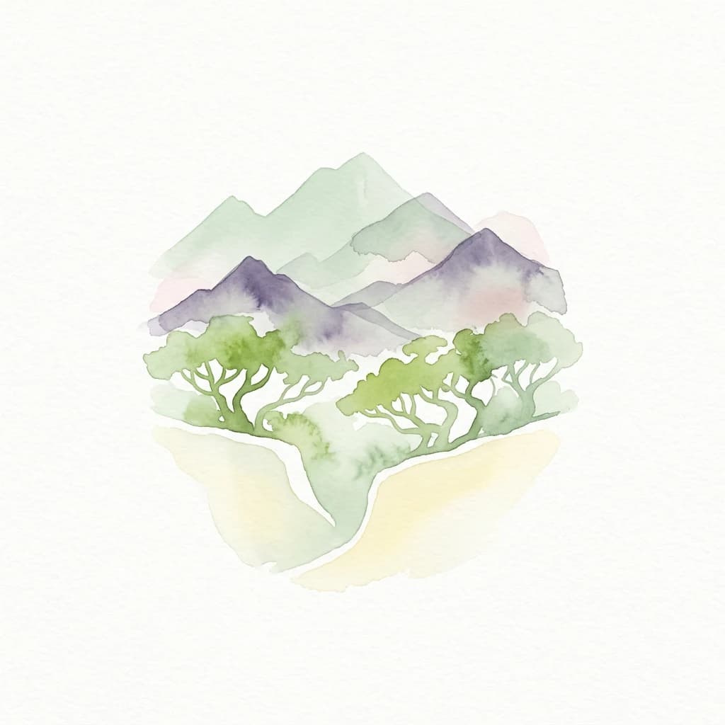 Watercolor illustration of mountains and trees with green, purple, and yellow tones
