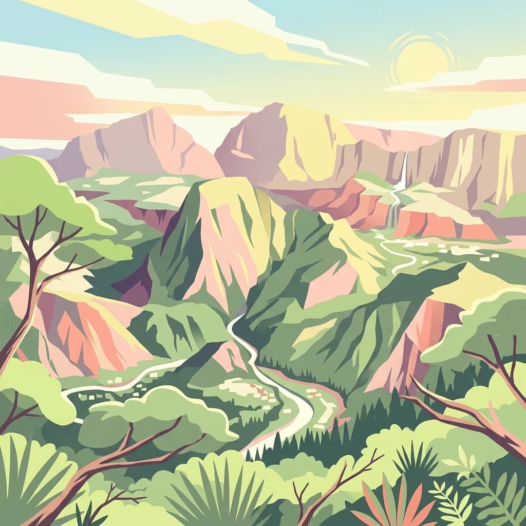 Stylized illustration of a mountainous landscape with green valleys, a winding river, and colorful rock formations under a partly cloudy sky