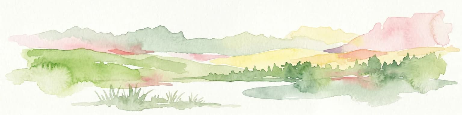 Watercolor painting showing green fields, distant mountains, and a clear sky