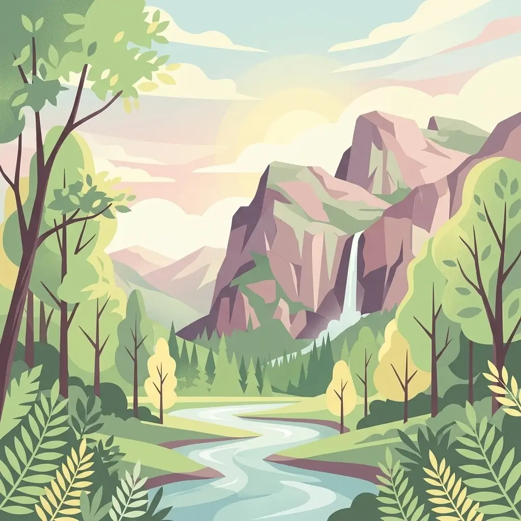 Una ilustración vectorial de estilo plano que muestra un río serpenteante fluyendo por un valle verde y frondoso hacia una gran montaña con una cascada, rodeada de árboles y nubes estilizadas.