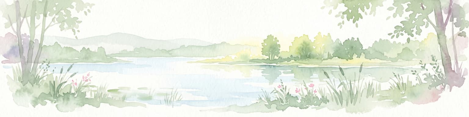 Watercolor painting of a calm pond with green trees on the banks, reeds in the foreground, and distant rolling hills.