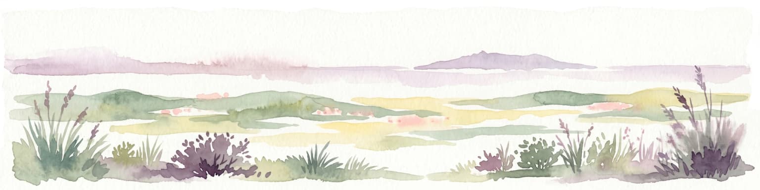 Watercolor illustration of a wetland landscape with grasses, low vegetation, and distant hills under a pale sky
