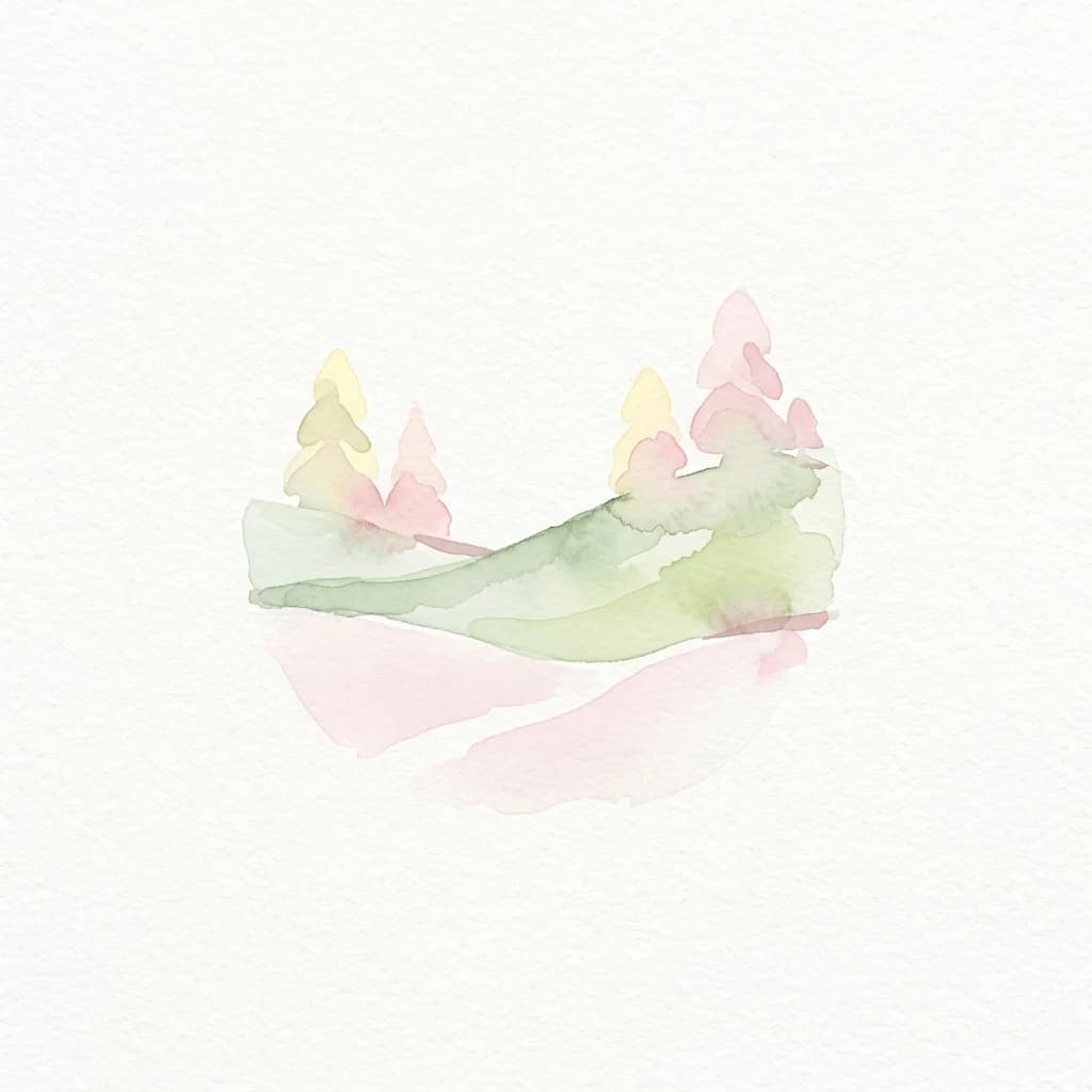 Watercolor illustration of green hills with pink and yellow trees on a white background