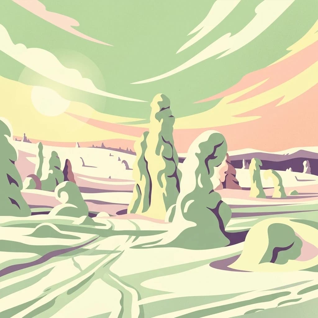 Colorful illustration of a snowy landscape with rock formations and a sunlit sky