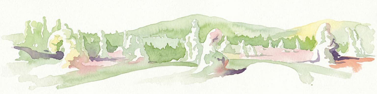 Watercolor illustration showing a landscape with green vegetation, hills, and stylized human figures
