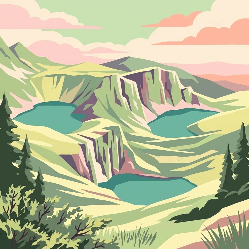 Stylized illustration of mountain peaks with three blue lakes, green valleys, pine trees, and a pastel sky
