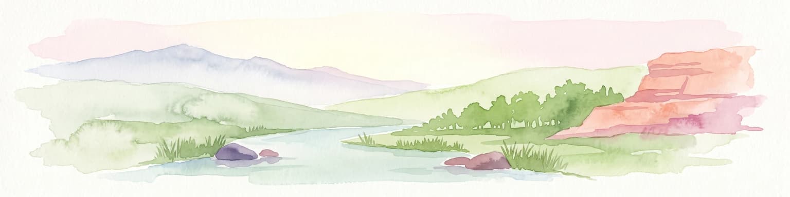 A wide watercolor illustration showing a river flowing through a green valley with distant purple mountains and a large reddish rock formation on the right bank.